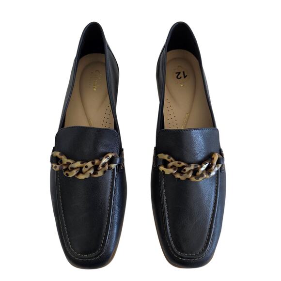 Clarks Black Leather Loafers with Tortoise Shell Chain Accent Women's Size 12 - Picture 2 of 6